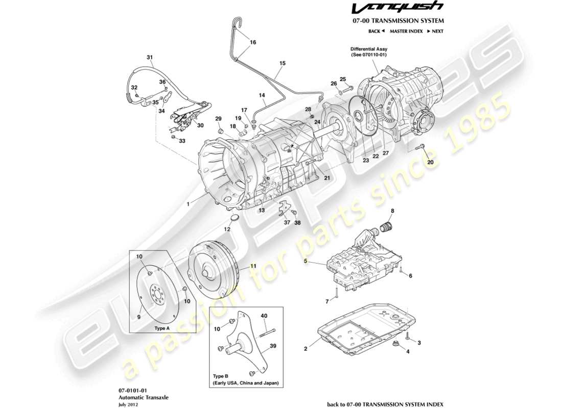 aston martin vanquish (2017) transmisión, diagrama de pieza 6spd