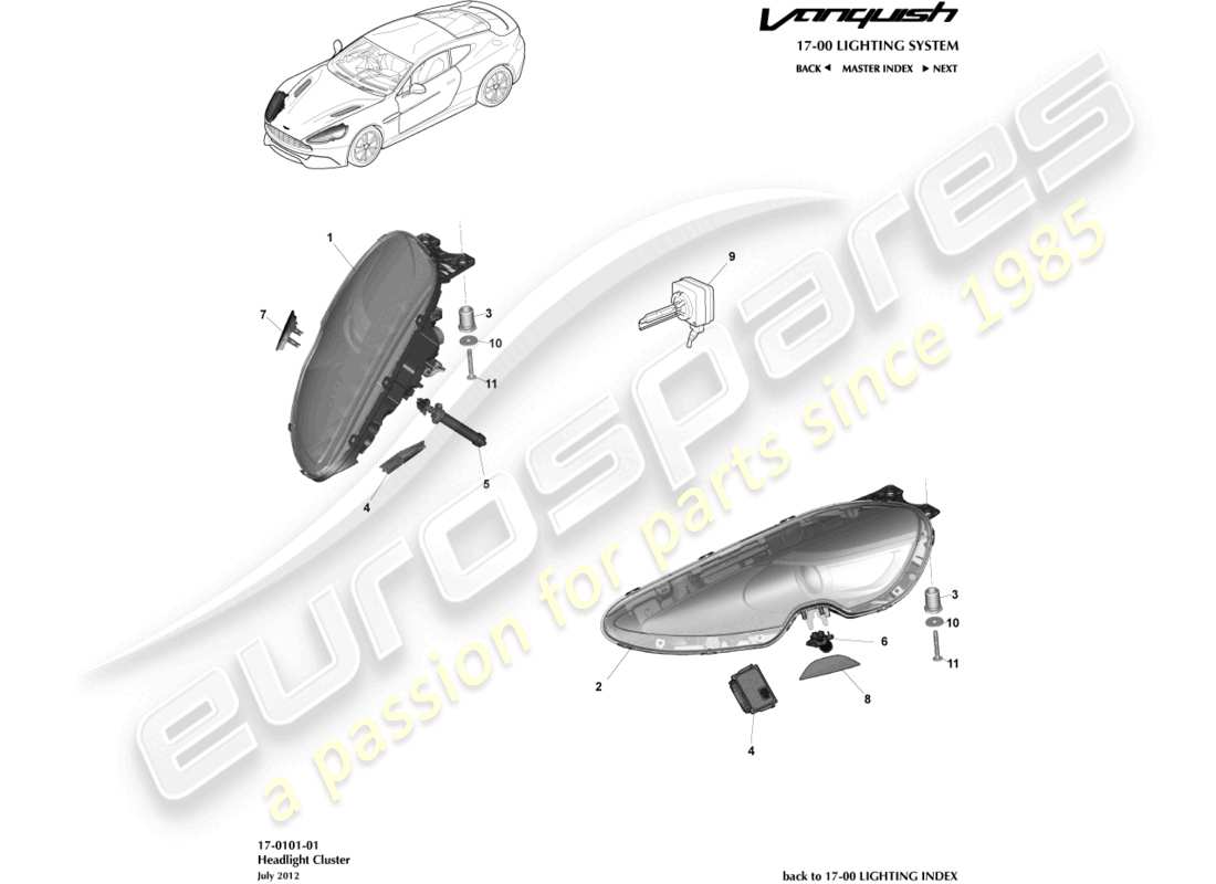 aston martin vanquish (2017) diagrama de piezas de faros