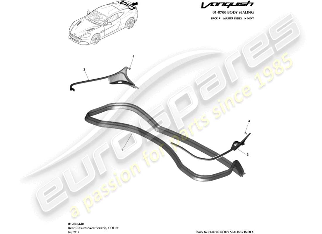 aston martin vanquish (2015) burlete de cierre trasero, diagrama de piezas del cupé