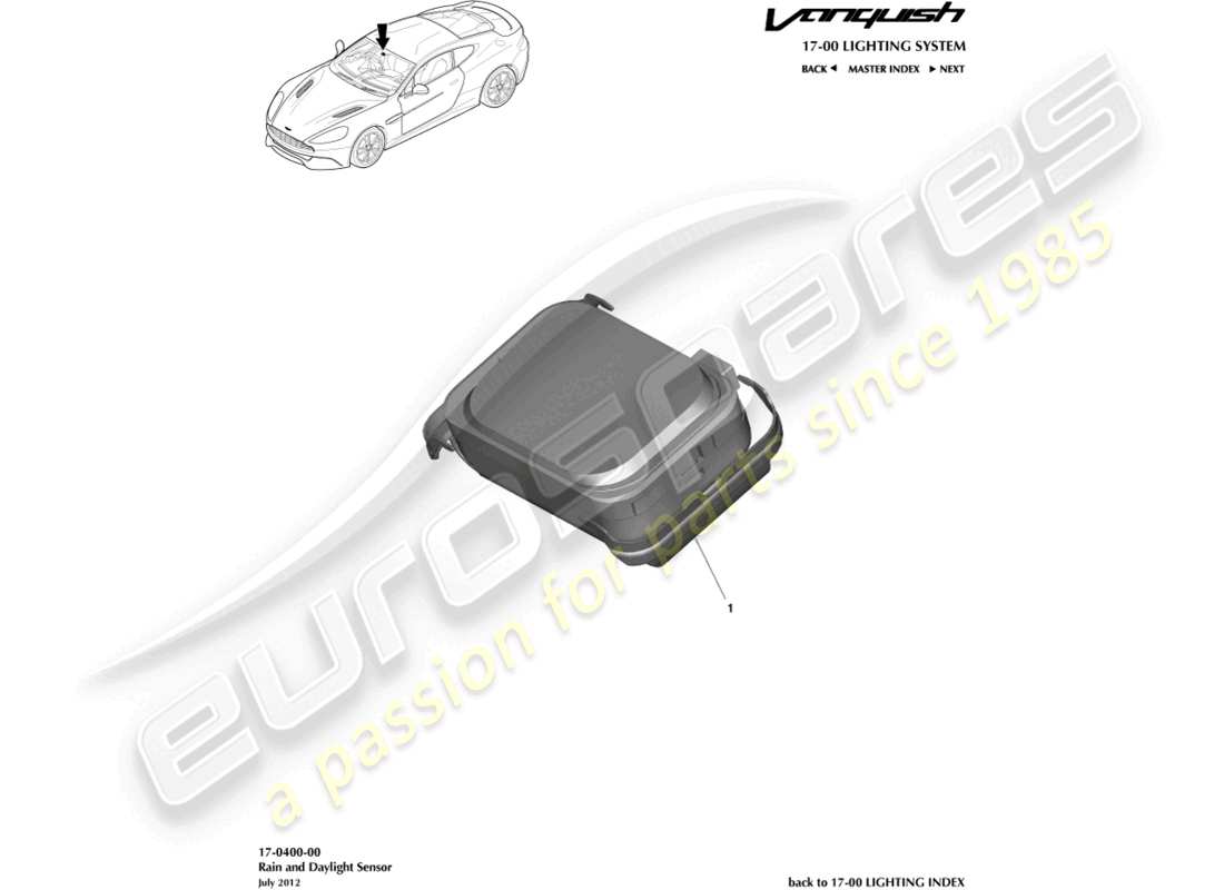 aston martin vanquish (2015) sensor de lluvia y luz diurna diagrama de piezas
