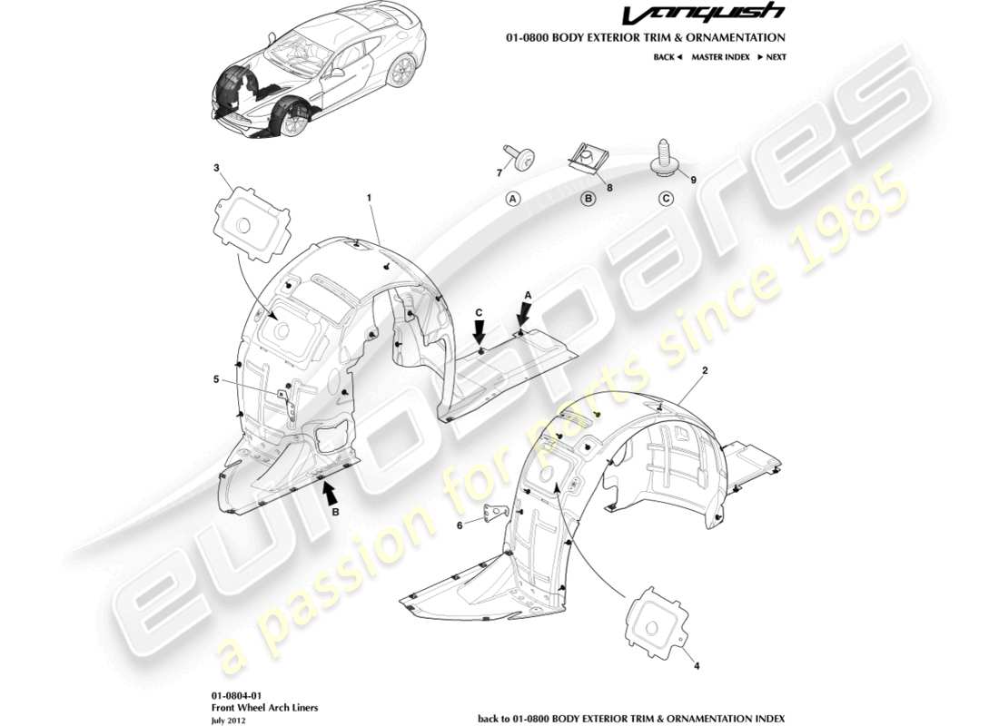 aston martin vanquish (2015) revestimientos de pasos de rueda delantera diagrama de piezas