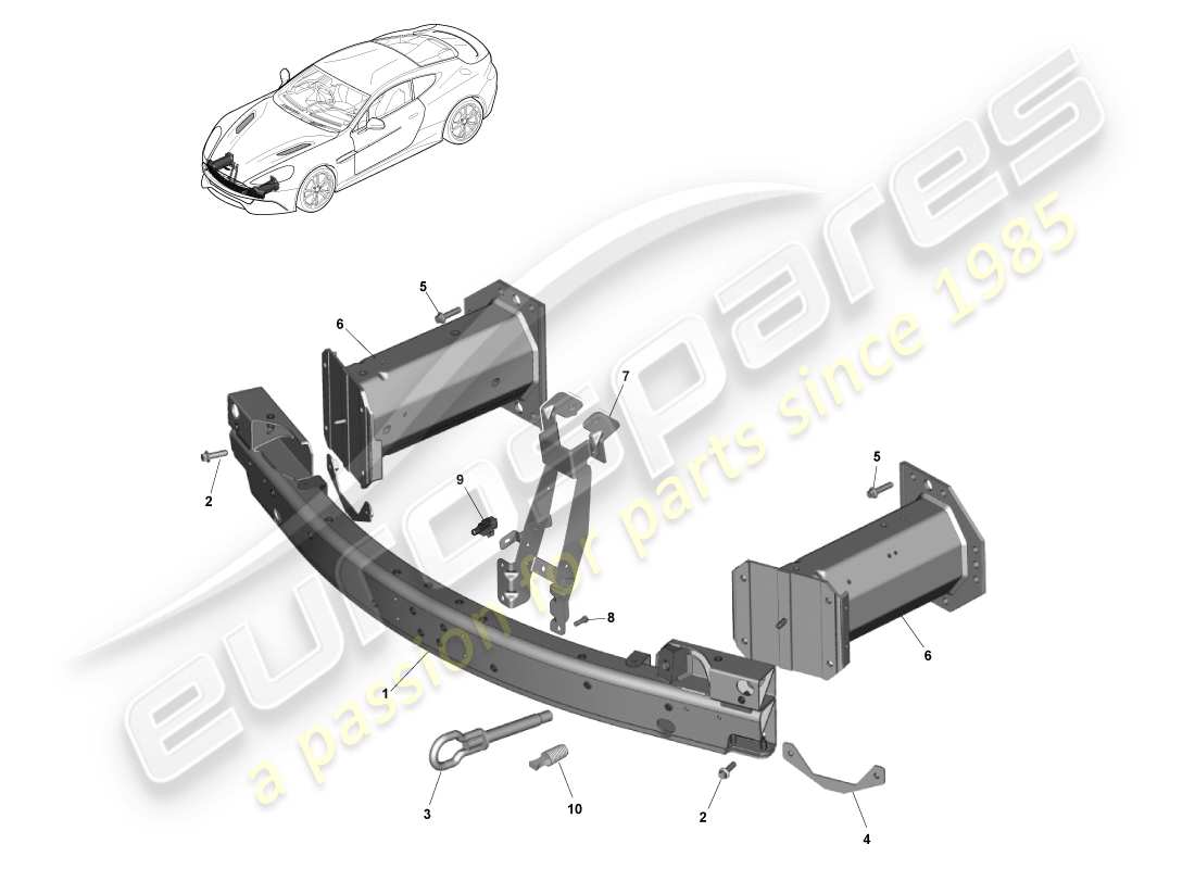 aston martin vanquish (2013) estructura del parachoques delantero, diagrama de piezas de fila de caminos