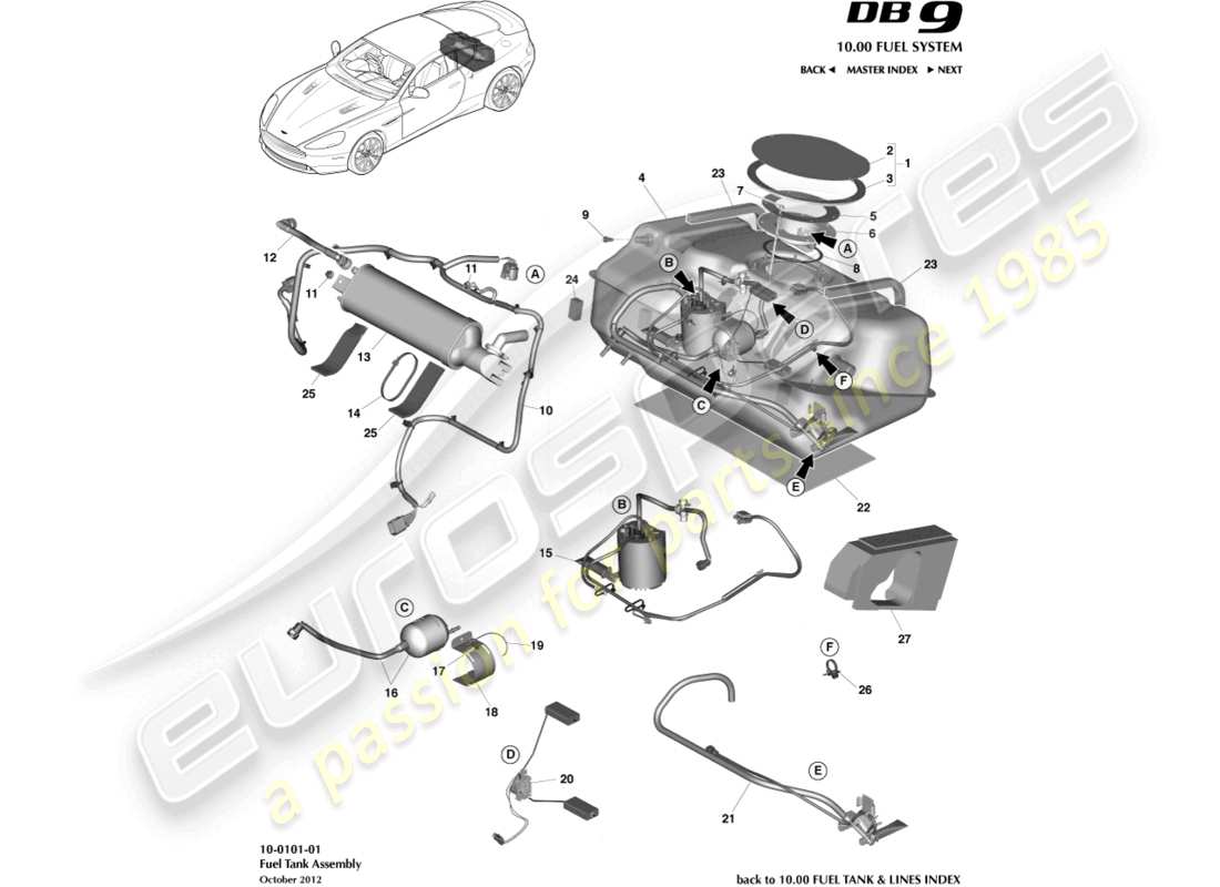 aston martin db9 (2015) diagrama de piezas del conjunto del tanque de combustible