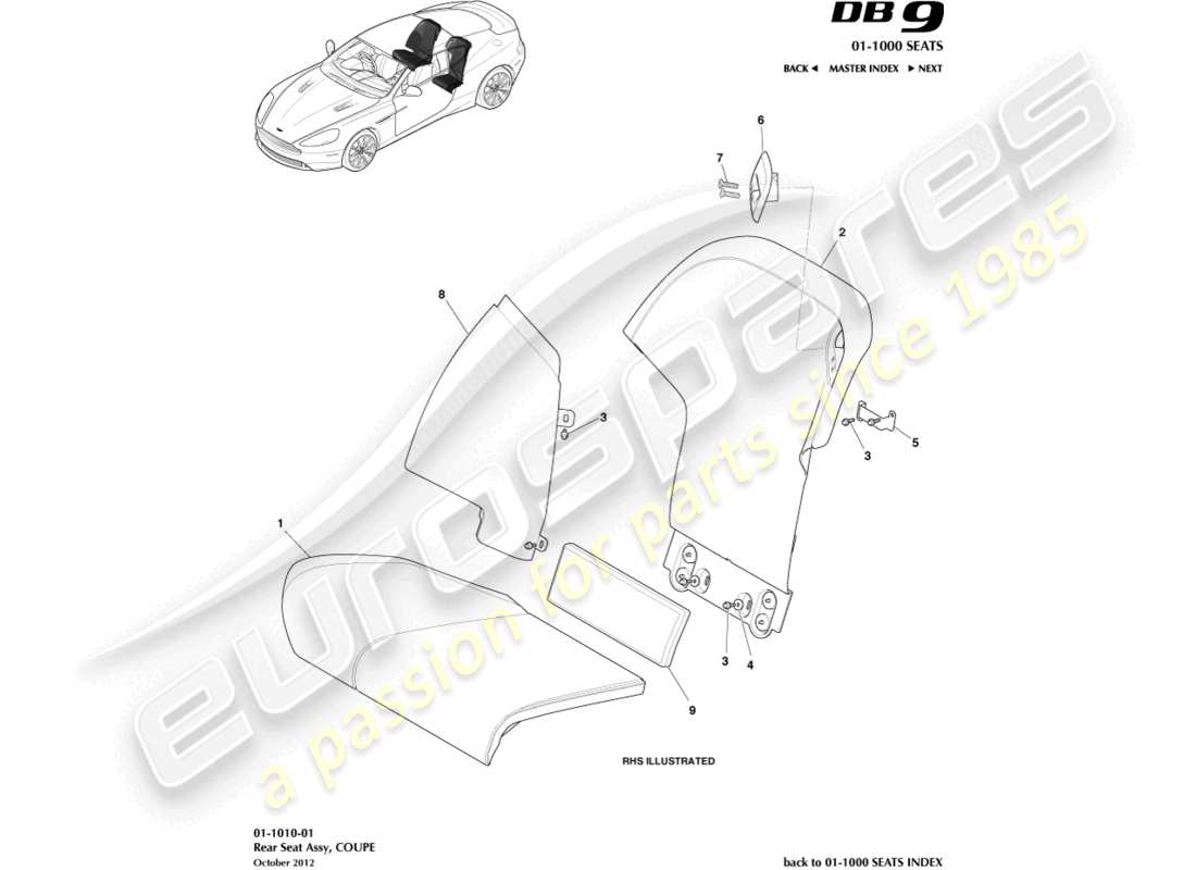 aston martin db9 (2015) asientos traseros, diagrama de piezas del cupé
