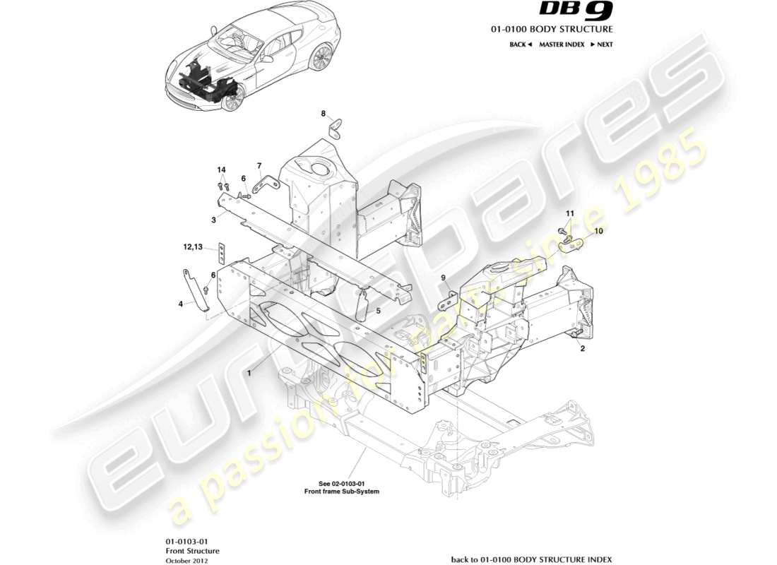 aston martin db9 (2015) diagrama de piezas de la estructura frontal
