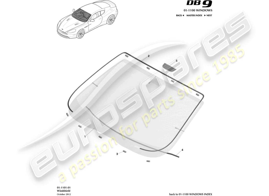 aston martin db9 (2015) diagrama de piezas del parabrisas
