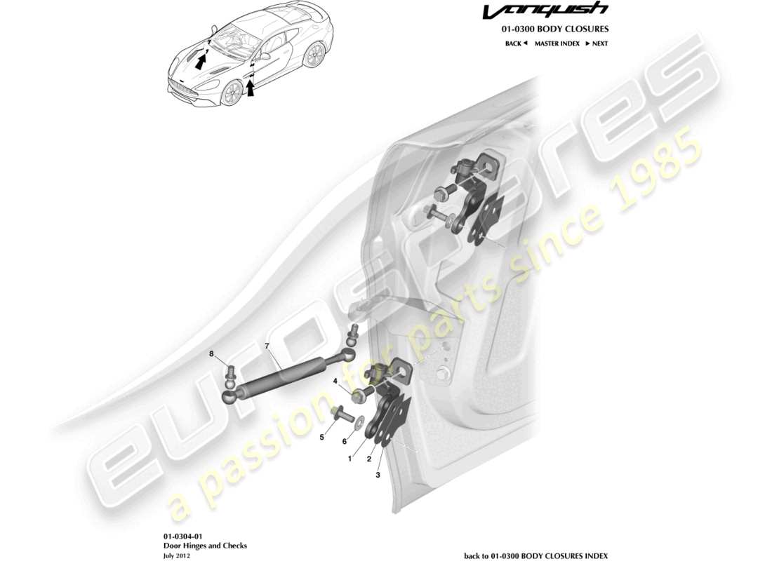 aston martin vanquish (2015) montaje de bisagras de puerta diagrama de piezas