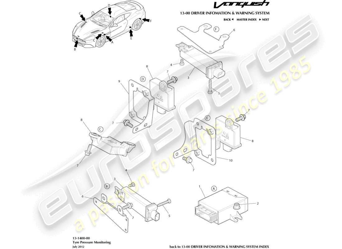 aston martin vanquish (2015) módulo de presión de neumáticos diagrama de piezas