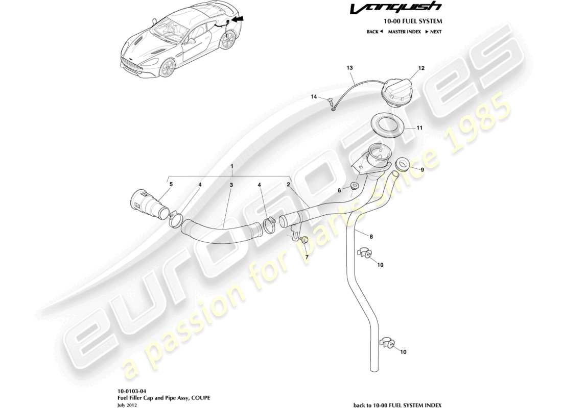 aston martin vanquish (2015) conjunto de llenado de combustible, cupé diagrama de piezas
