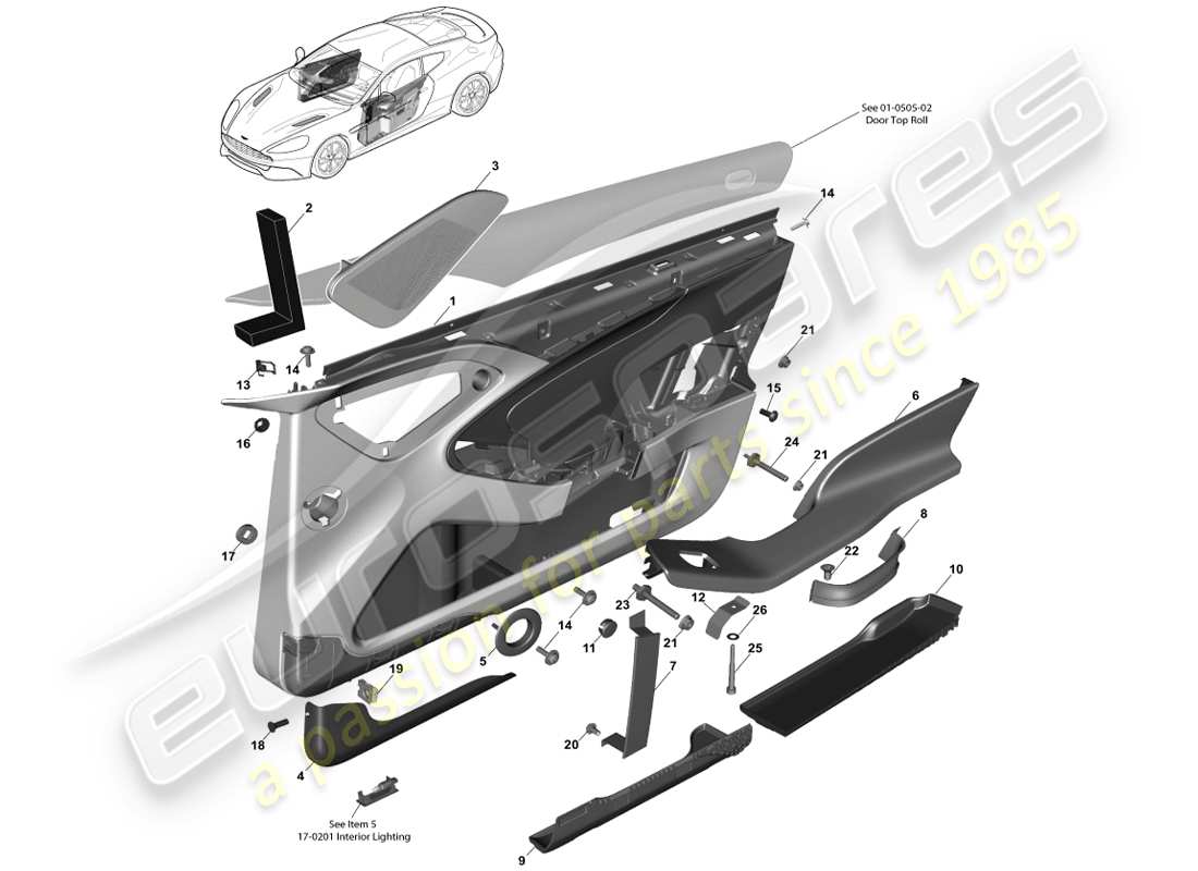aston martin vanquish (2014) panel de ajuste de la puerta delantera diagrama de piezas