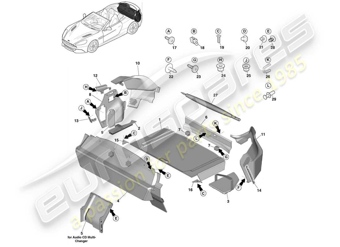 aston martin vanquish (2014) embellecedor del compartimento de carga, volante diagrama de piezas