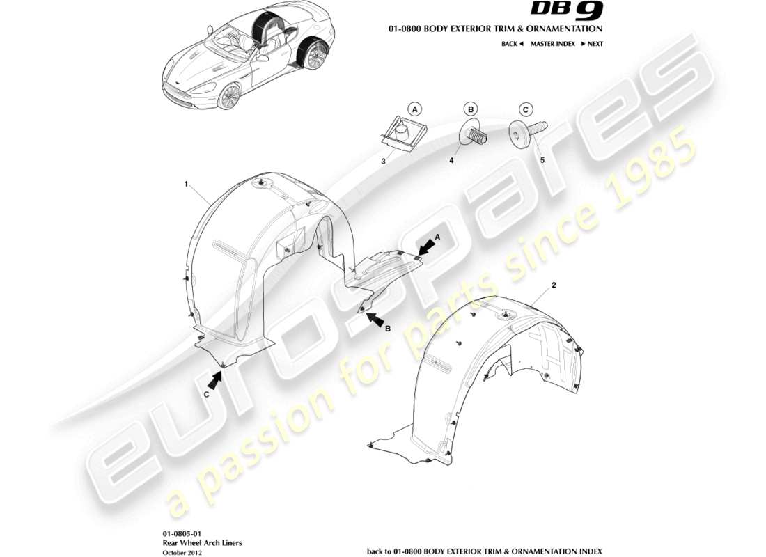 aston martin db9 (2016) diagrama de piezas de los revestimientos de los pasos de rueda traseros