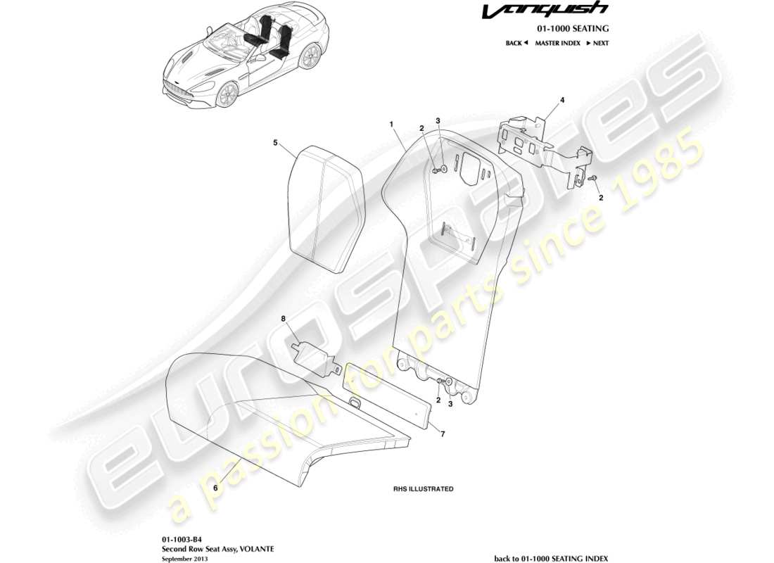 aston martin vanquish (2016) asientos traseros, diagrama de piezas volante