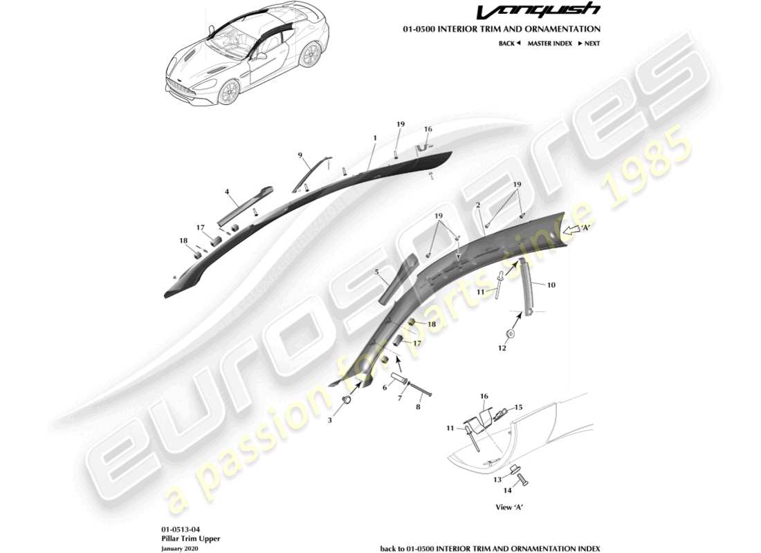 aston martin vanquish (2016) moldura de pilar, superior, cupé diagrama de piezas