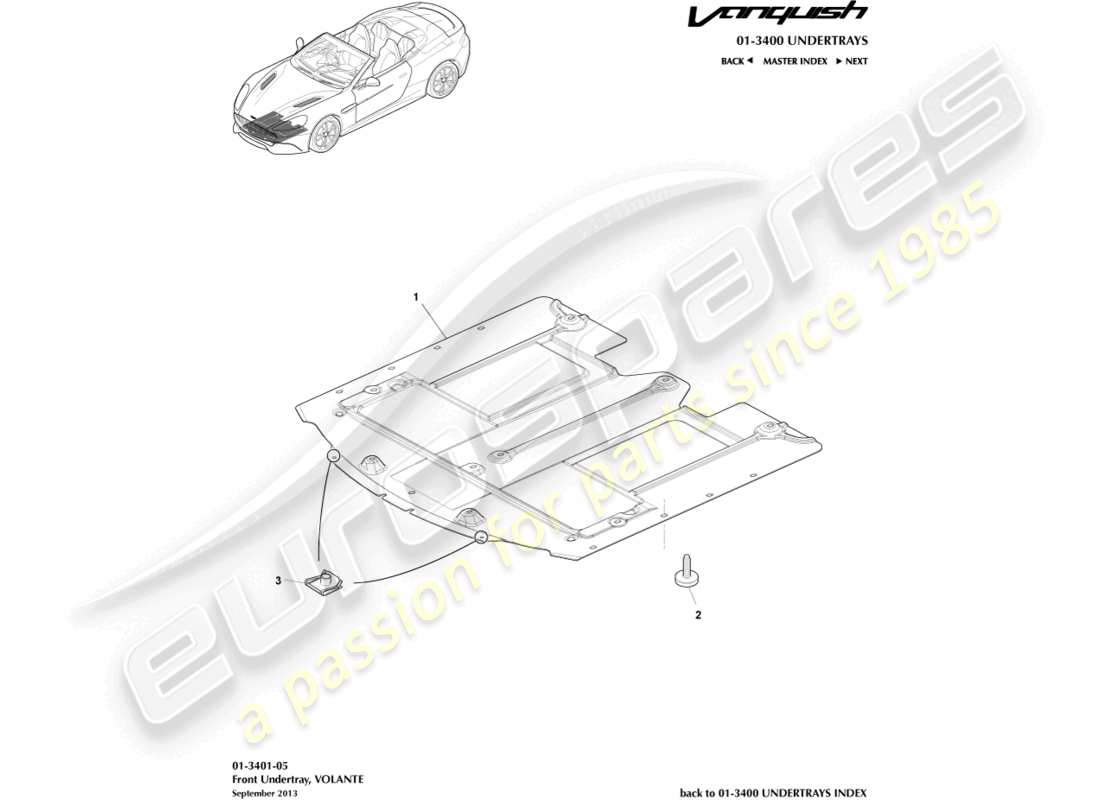 aston martin vanquish (2016) bandeja inferior delantera, diagrama de piezas de volante