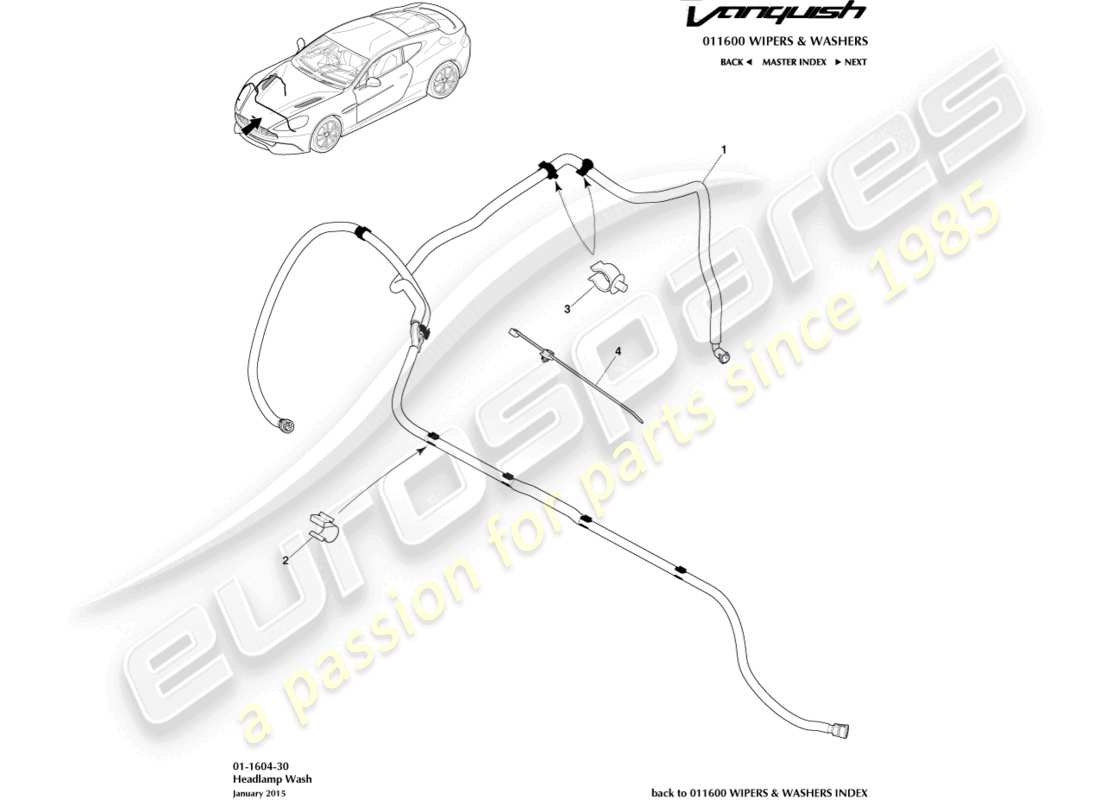 aston martin vanquish (2016) diagrama de piezas de lavado de faros