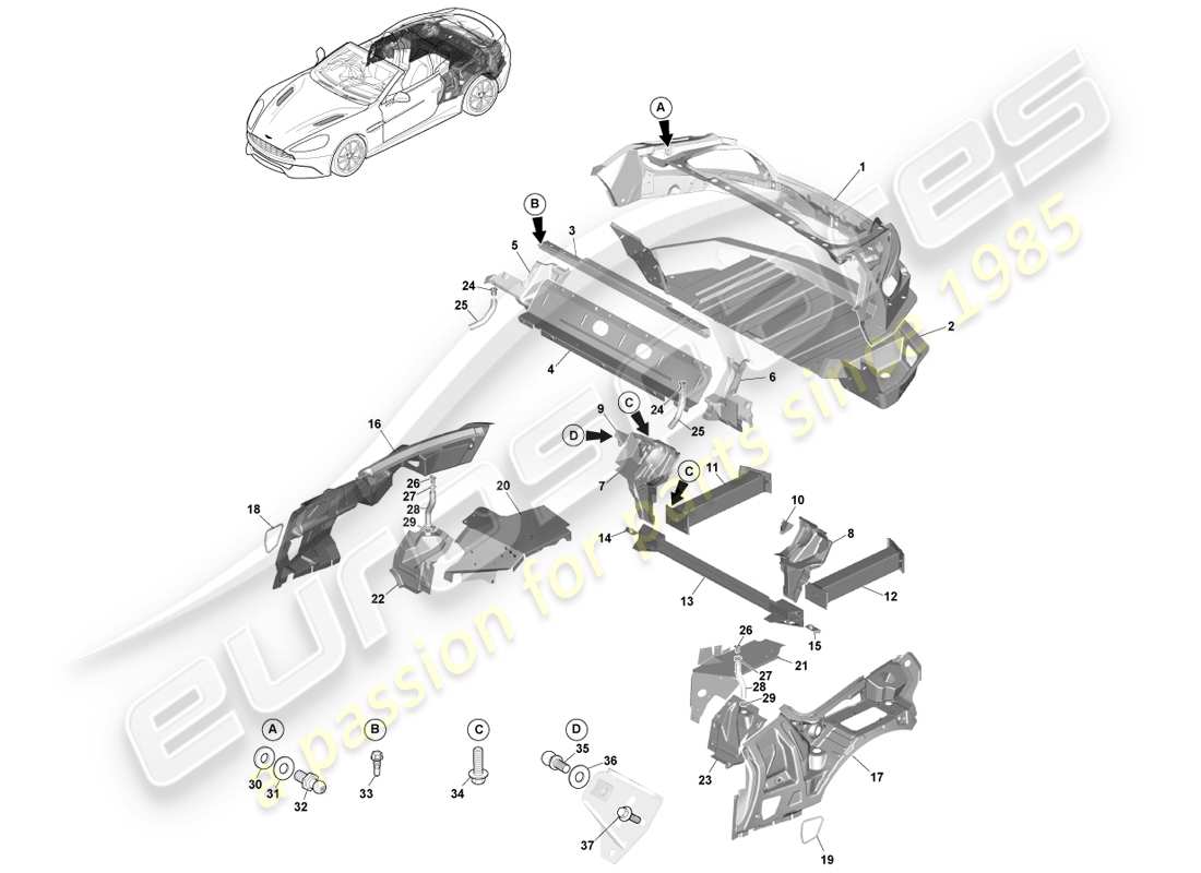 aston martin vanquish (2014) parte trasera de la carrocería, diagrama de piezas del volante