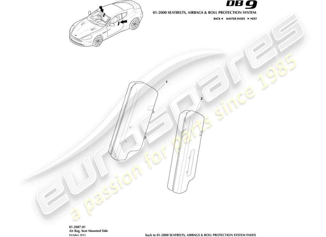 aston martin db9 (2016) diagrama de piezas del airbag lateral delantero