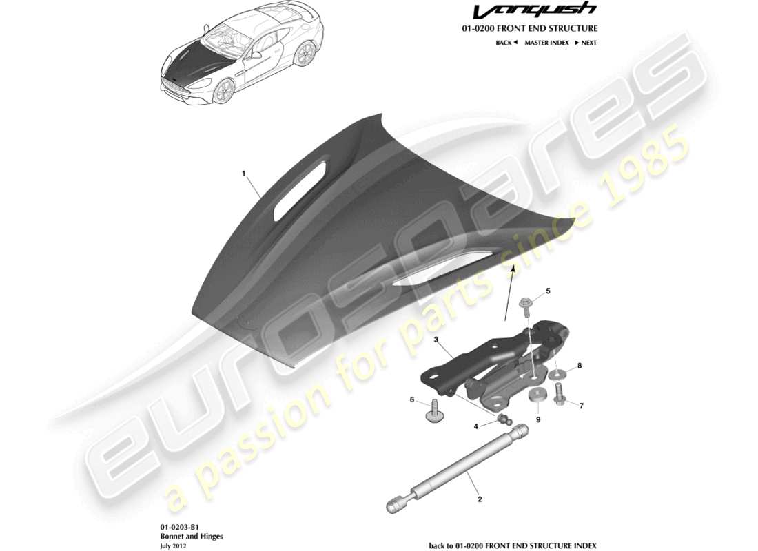 aston martin vanquish (2016) capó y bisagras diagrama de piezas