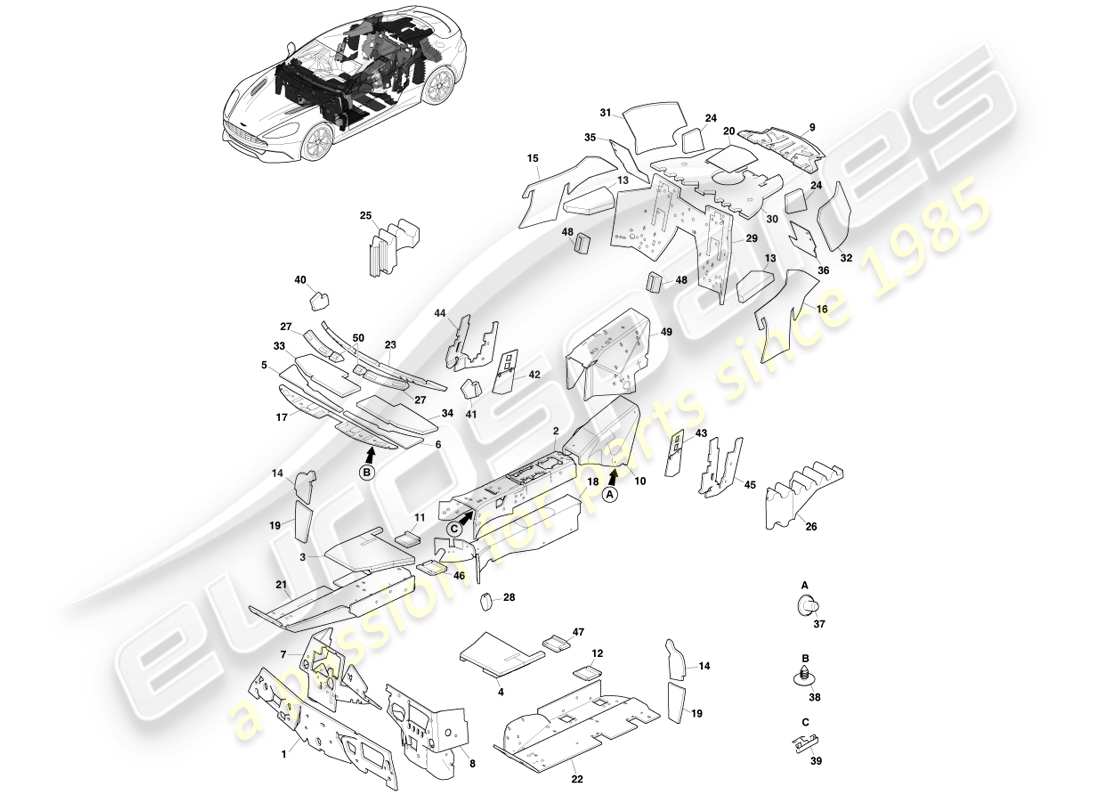 aston martin vanquish (2014) aislamiento acústico, diagrama de piezas del cupé