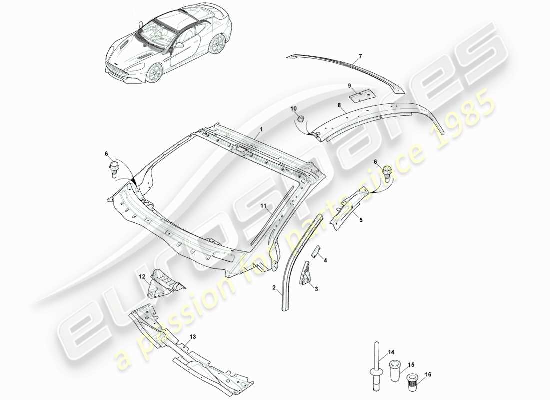 aston martin vanquish (2014) carrocería, tablero y capó, diagrama de piezas del cupé