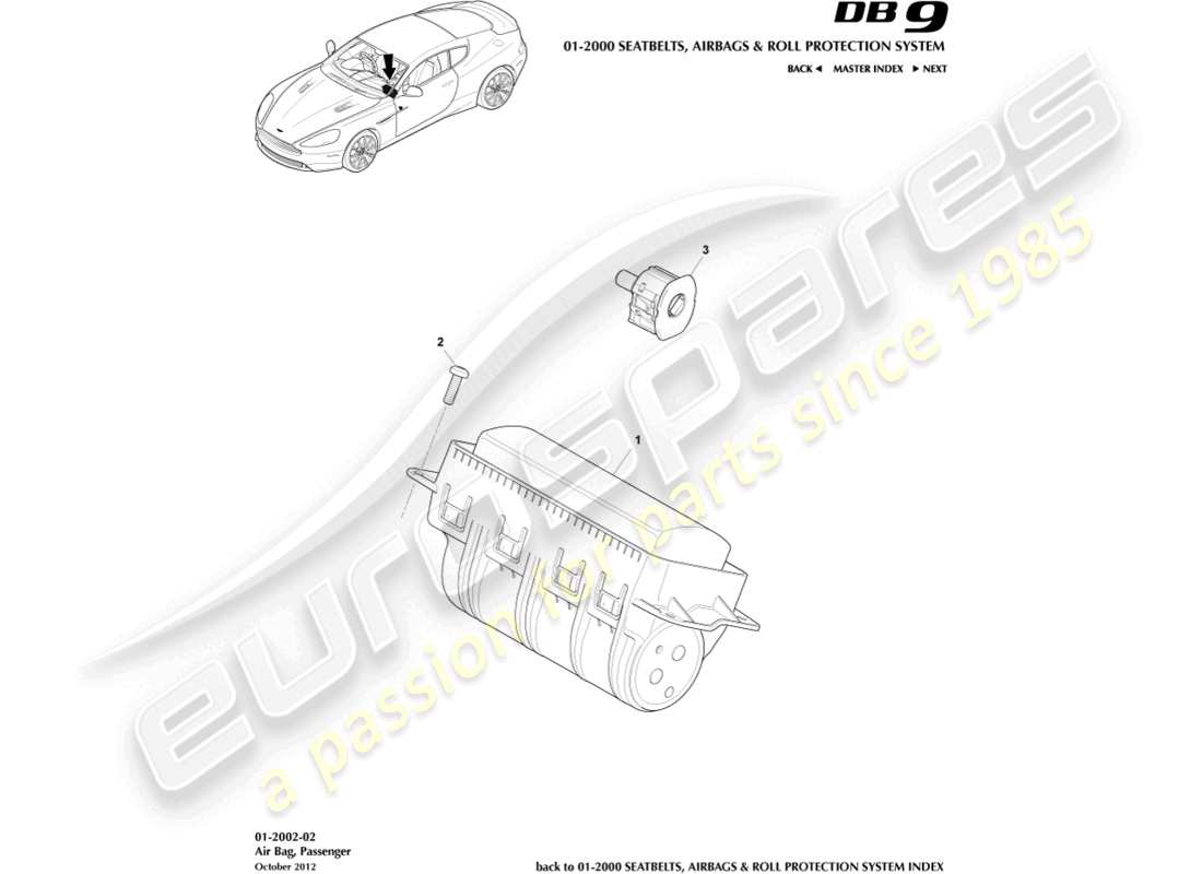 aston martin db9 (2016) airbag, diagrama de piezas del pasajero