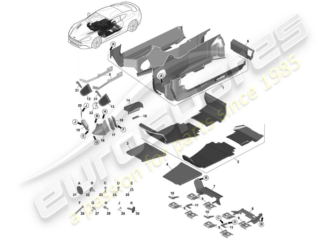 aston martin vanquish (2014) moldura del piso principal, lhd diagrama de piezas