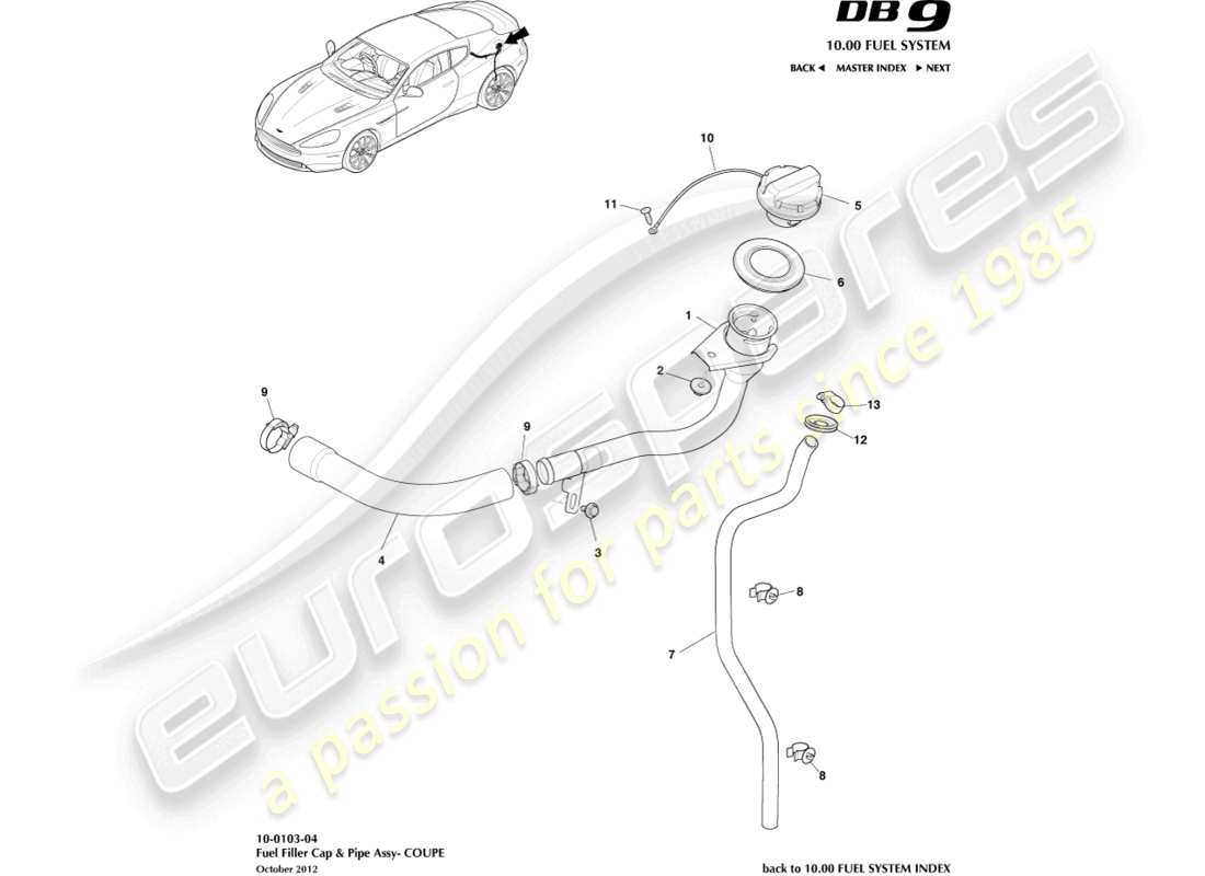 aston martin db9 (2017) conjunto de llenado de combustible, cupé diagrama de piezas