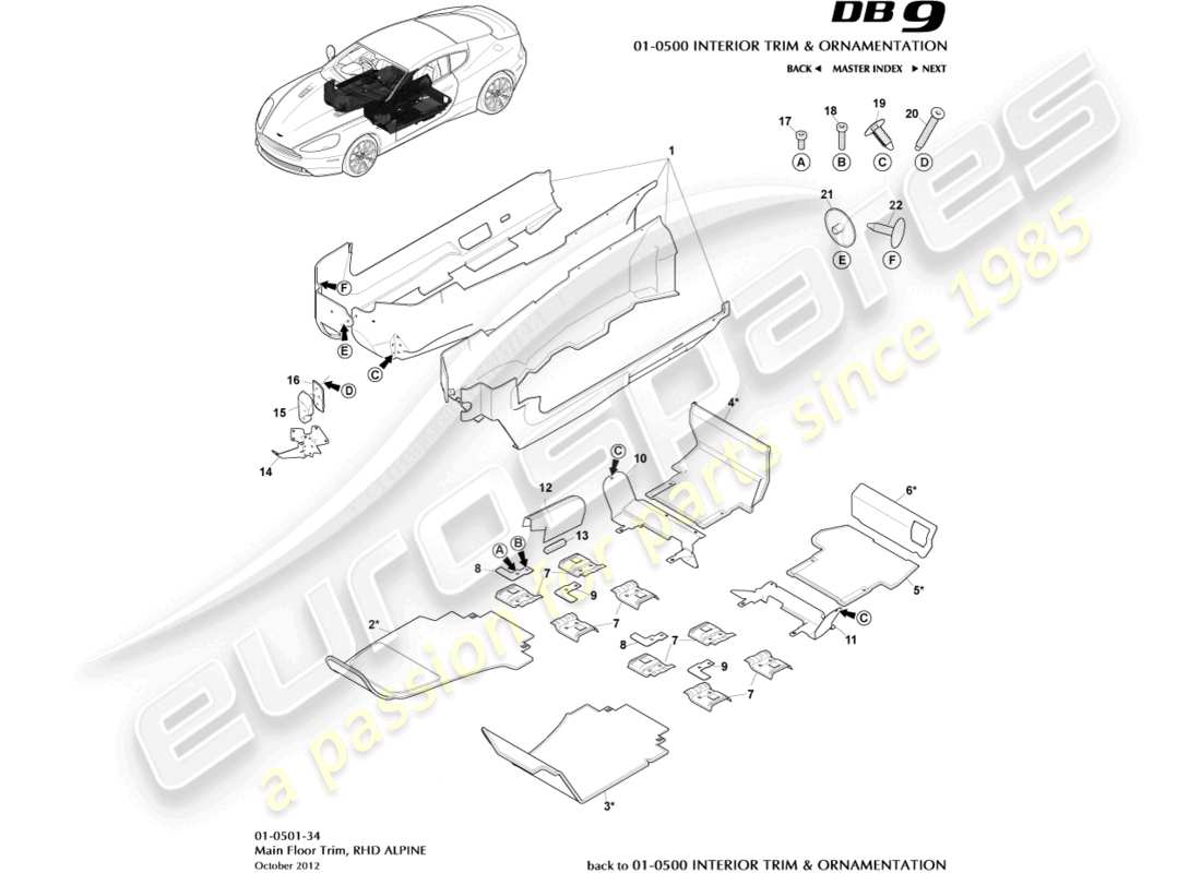 aston martin db9 (2015) guarnición del piso principal, lado derecho, diagrama de piezas alpine