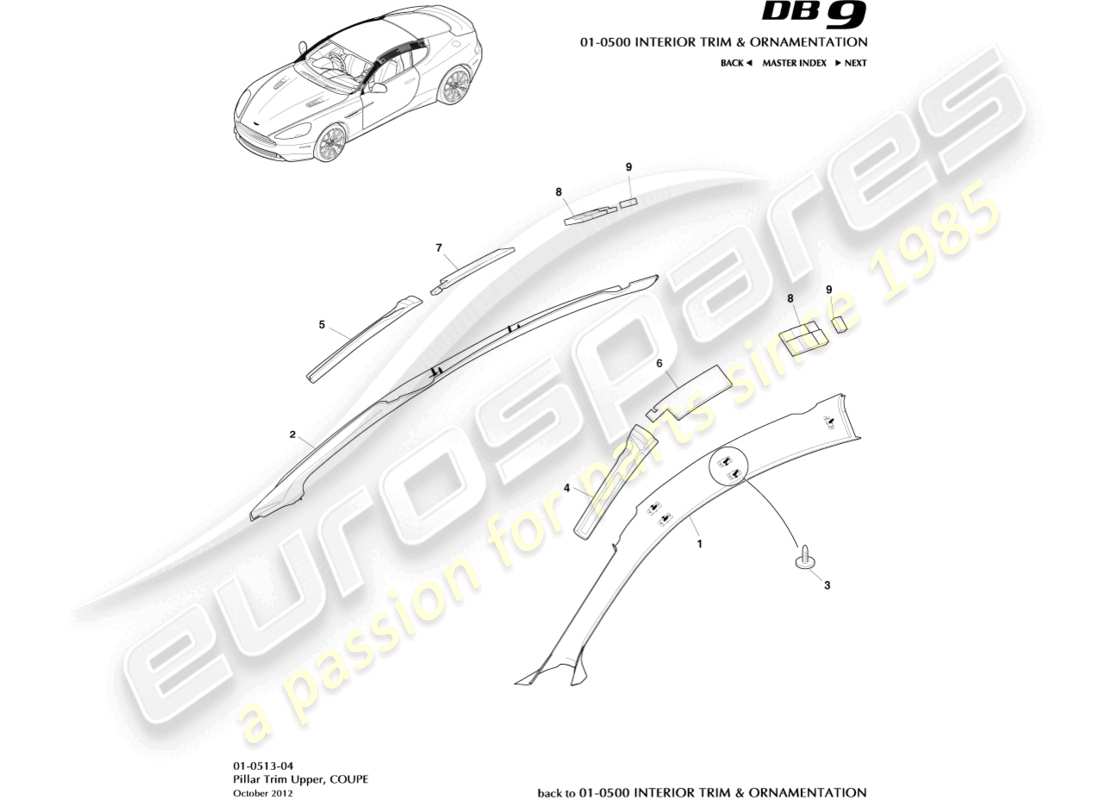 aston martin db9 (2015) guarnición del pilar, superior, diagrama de piezas del cupé