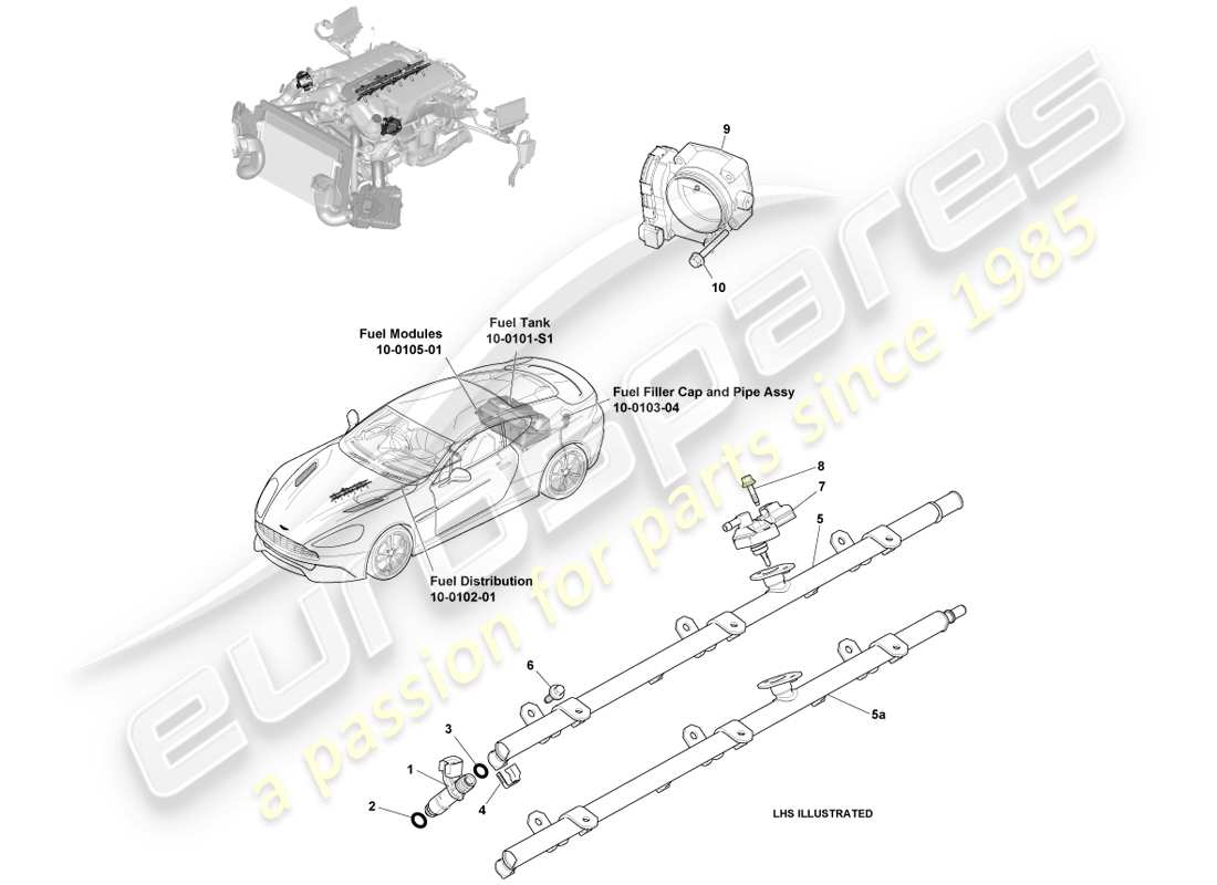 aston martin vanquish (2013) controles y carga de combustible diagrama de piezas