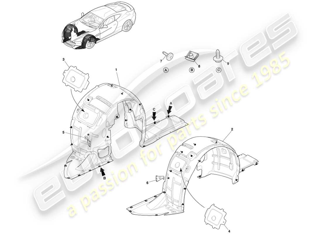 aston martin vanquish (2013) revestimientos de pasos de rueda delantera diagrama de piezas