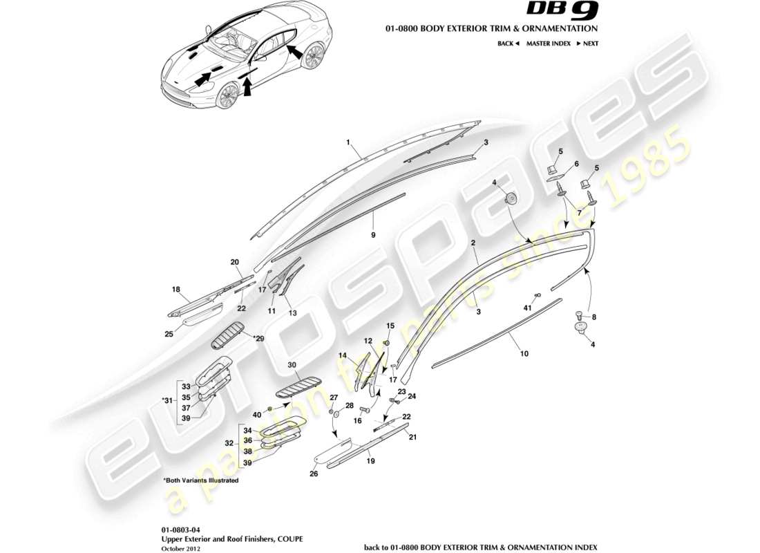 aston martin db9 (2015) acabados exteriores superiores, diagrama de piezas del cupé