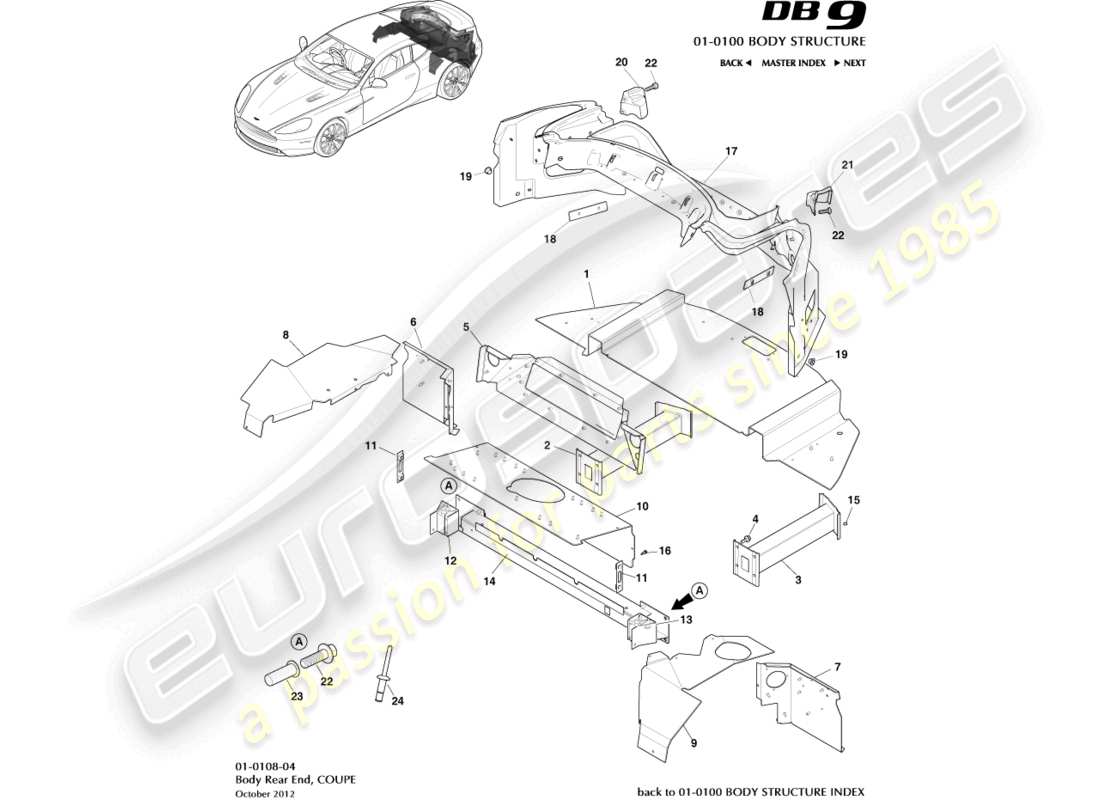 aston martin db9 (2015) parte trasera de la carrocería, diagrama de piezas del cupé