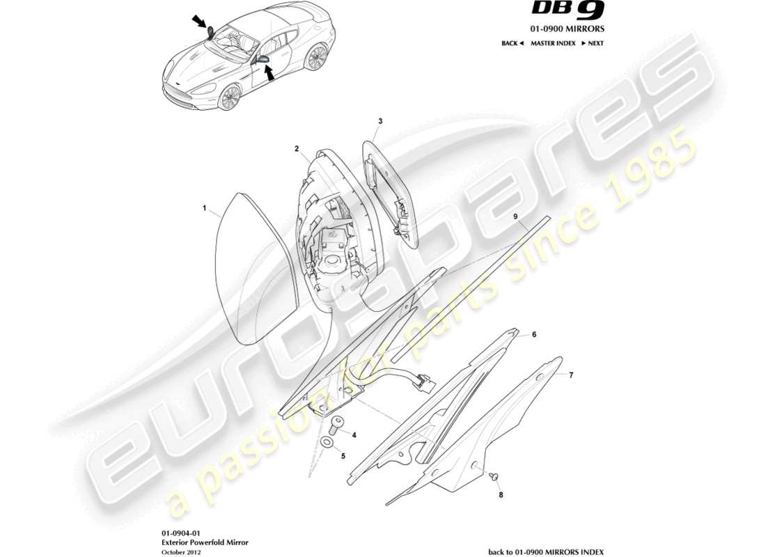 aston martin db9 (2015) diagrama de piezas de los espejos retrovisores exteriores