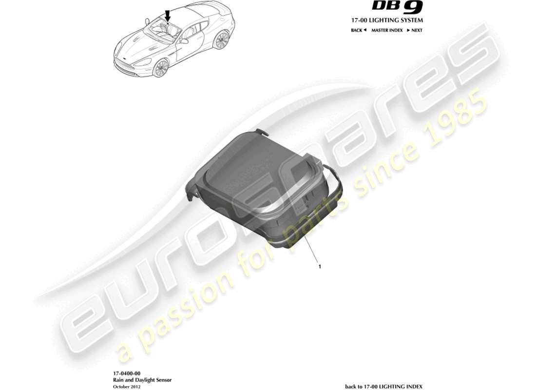 aston martin db9 (2015) diagrama de piezas del sensor de lluvia y luz diurna