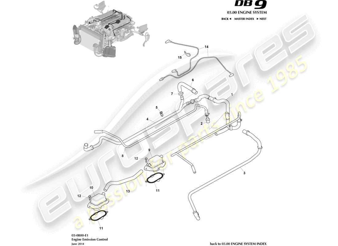 aston martin db9 (2013) control de emisión diagrama de piezas