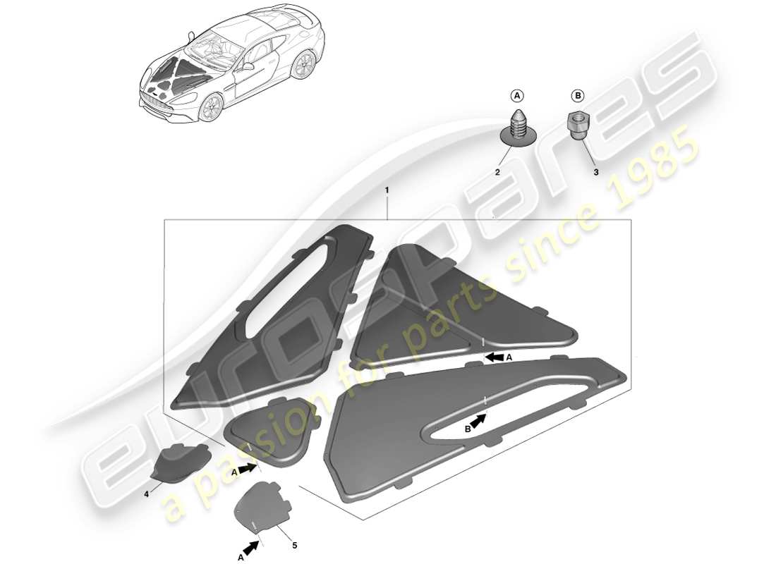 aston martin vanquish (2014) diagrama de piezas de moldura del compartimiento del motor