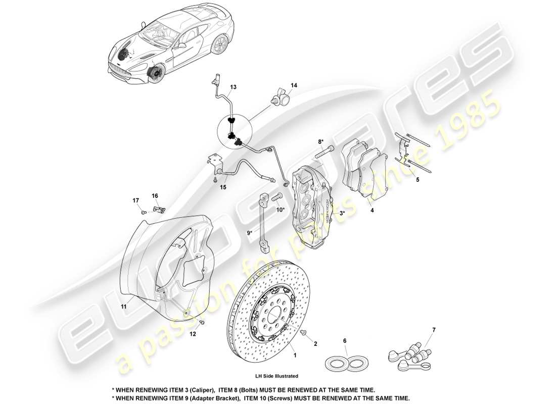 aston martin vanquish (2014) sistema de freno delantero diagrama de piezas