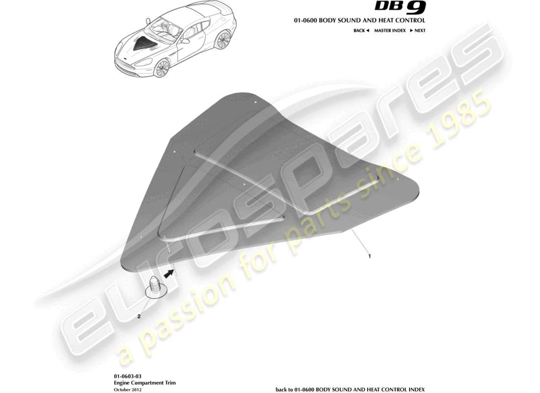 aston martin db9 (2016) diagrama de piezas de moldura del compartimiento del motor