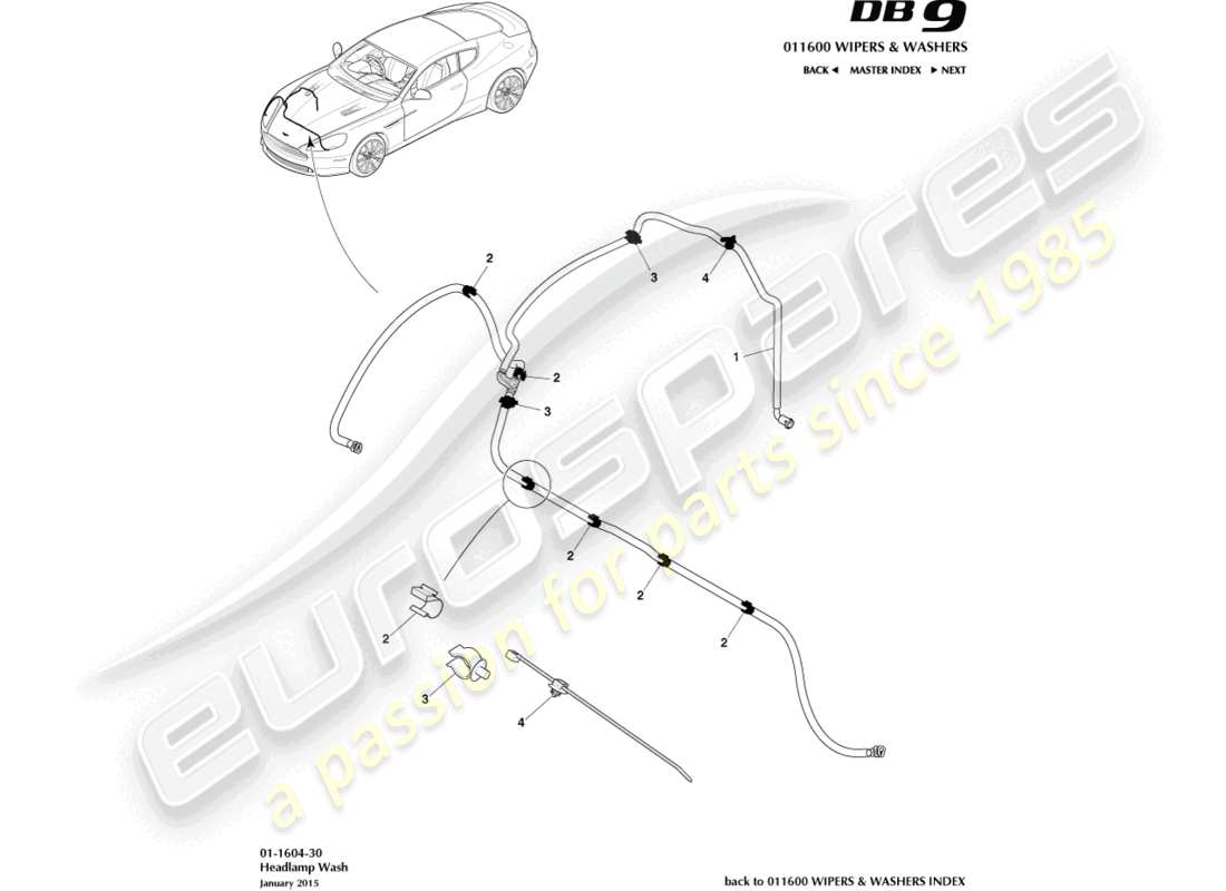 aston martin db9 (2015) diagrama de piezas de lavado de faros