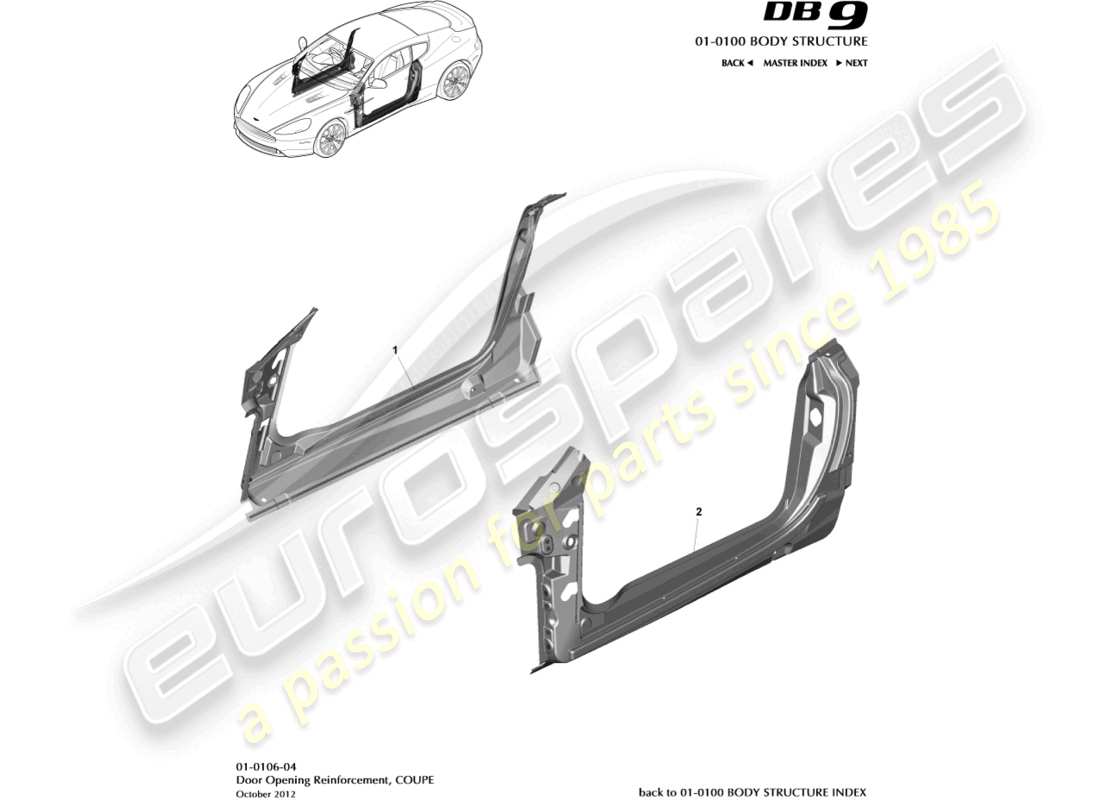 aston martin db9 (2015) marco de apertura de puerta, diagrama de piezas del cupé