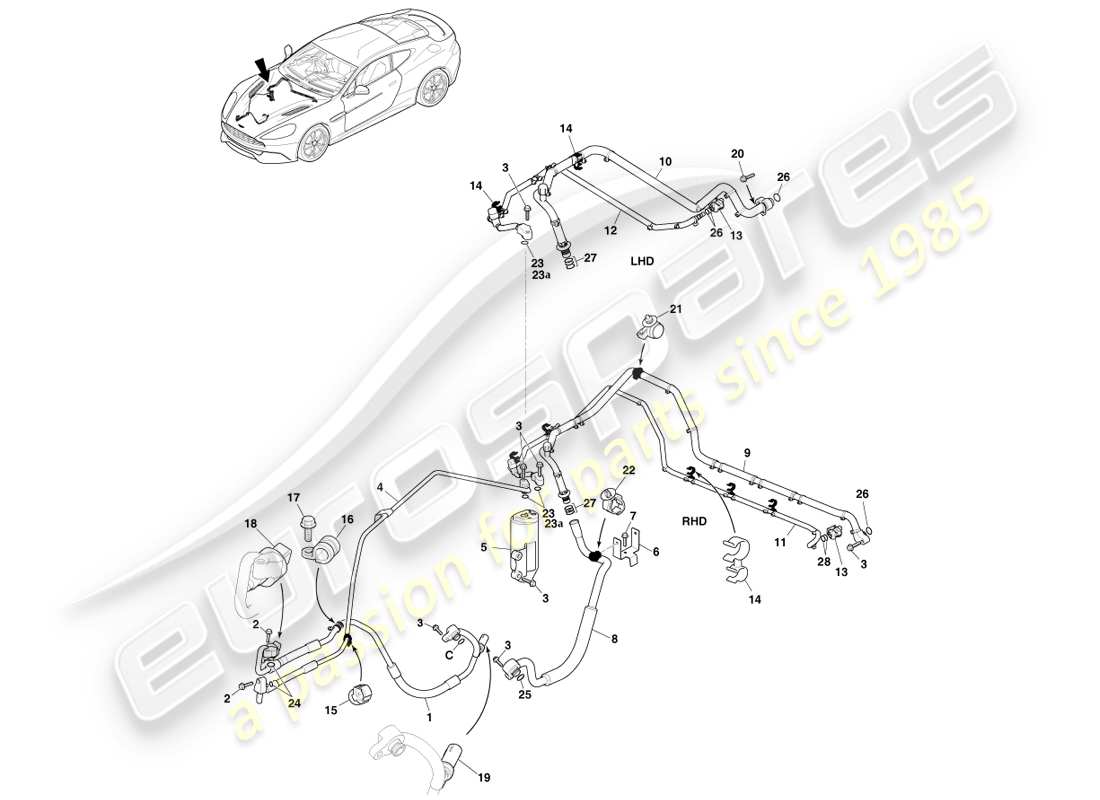 aston martin vanquish (2014) líneas de aire acondicionado, r134a diagrama de piezas de gas