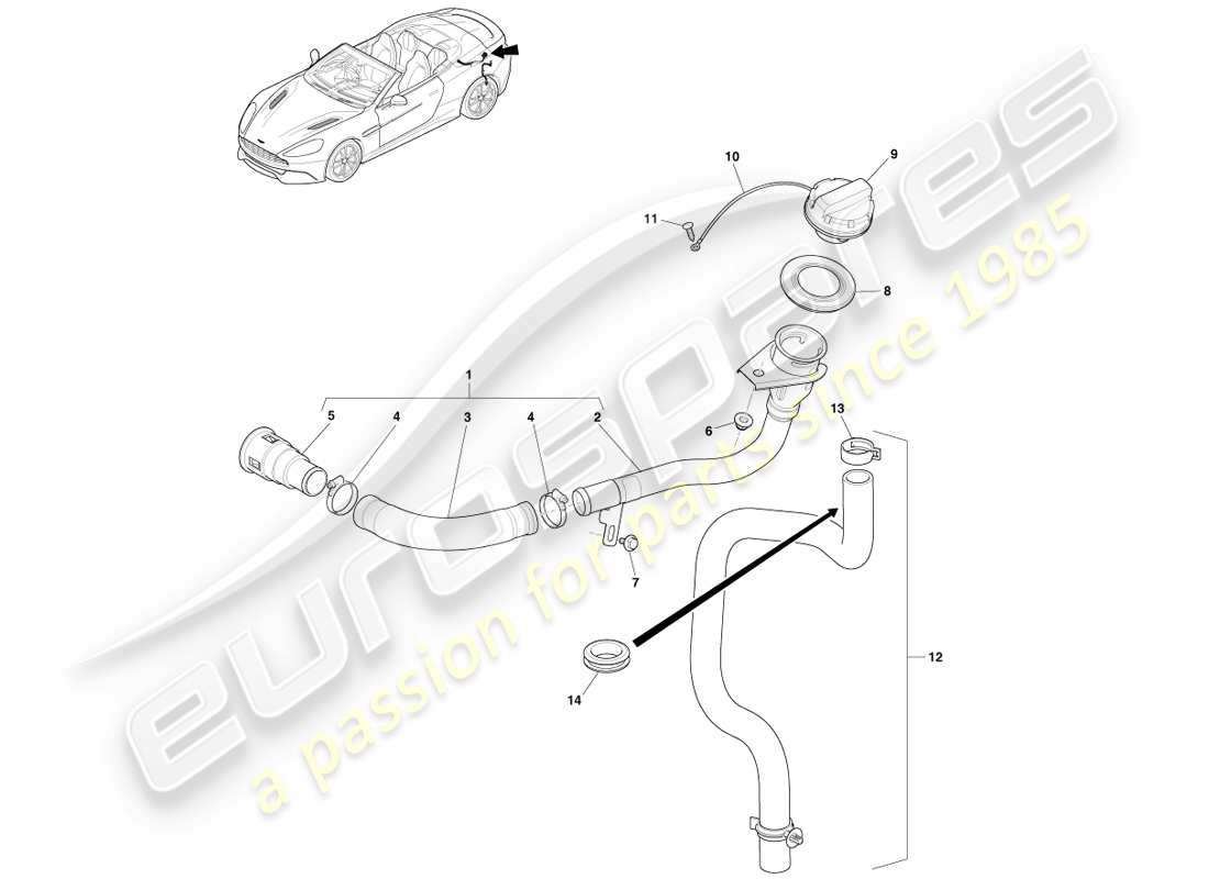 aston martin vanquish (2014) conjunto de llenado de combustible, diagrama de piezas de volante