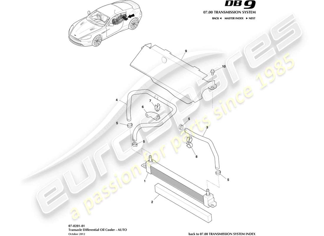 aston martin db9 (2015) diagrama de piezas del enfriador de aceite de la transmisión