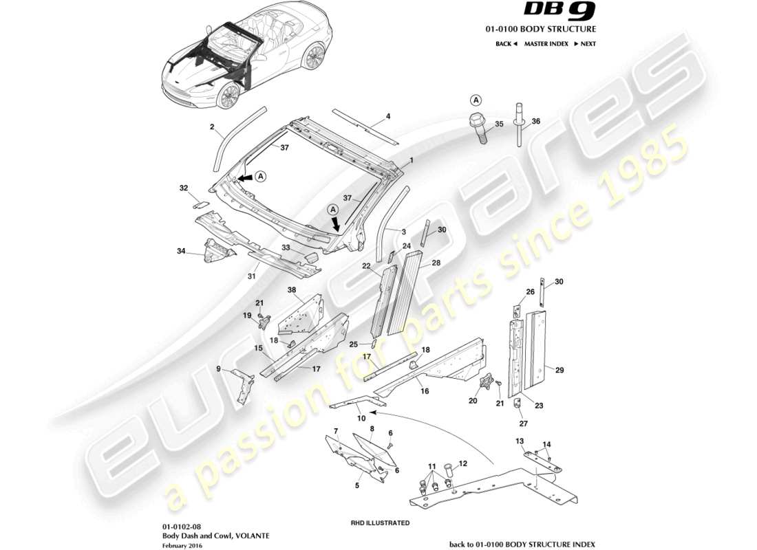 aston martin db9 (2015) carrocería, tablero y capó, diagrama de piezas de volante