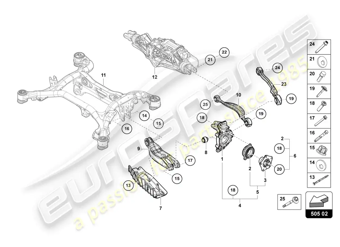lamborghini urus (2022) cubo de rueda con cojinete y brazo de control diagrama de piezas