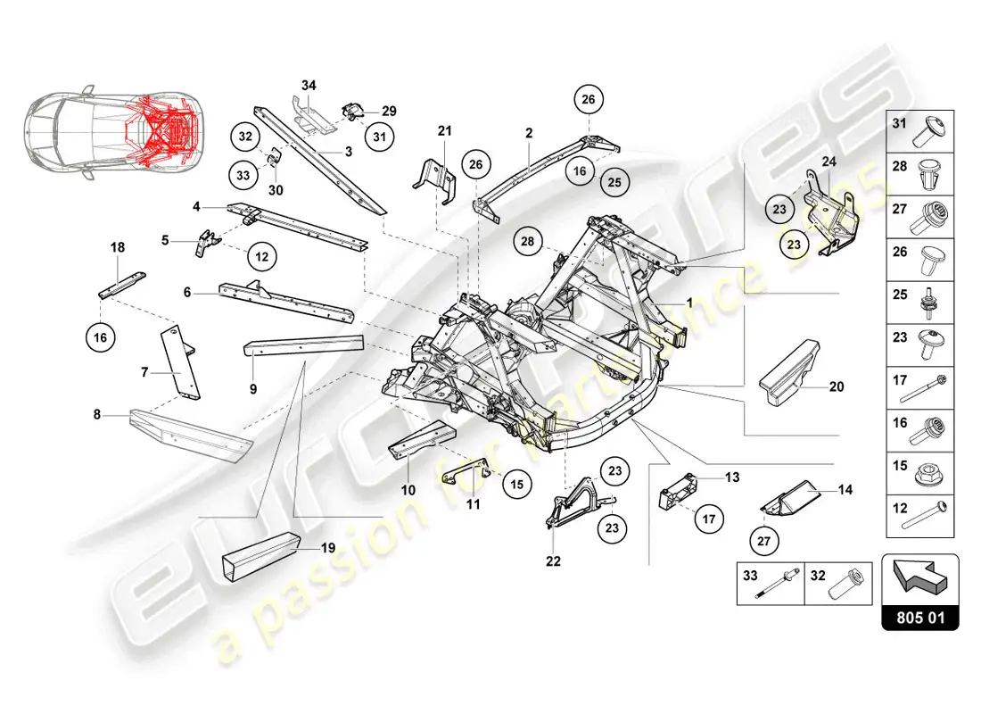 lamborghini evo coupe 2wd (2023) chasis trasero, interior diagrama de piezas