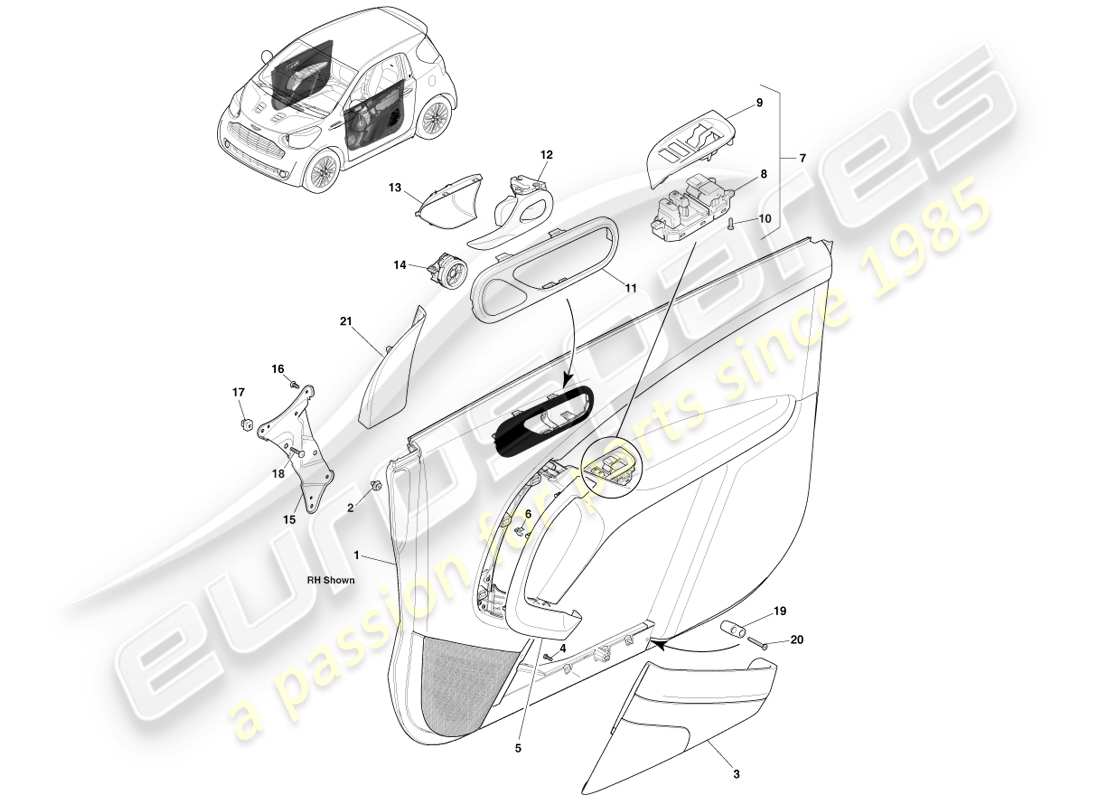 aston martin cygnet (2012) diagrama de piezas del panel de moldura de la puerta delantera