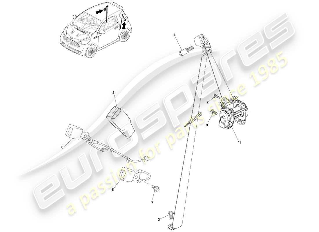 aston martin cygnet (2012) diagrama de piezas del conjunto del cinturón de seguridad trasero